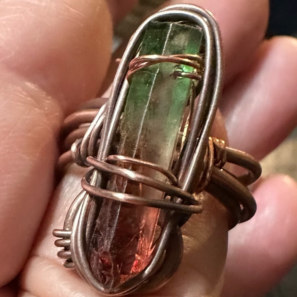 Watermelon tourmaline Quartz Copper Wire Wrapped Ring